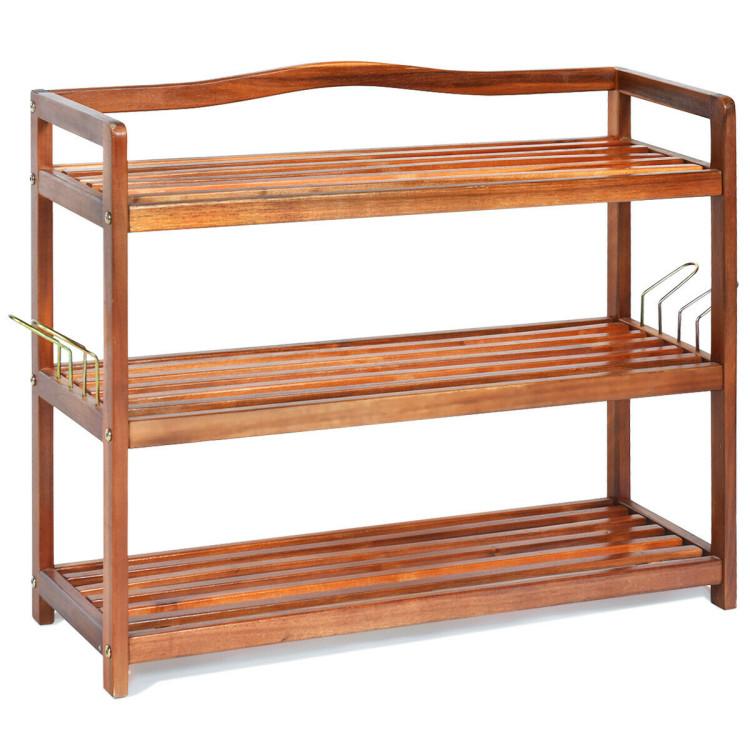 Shoe Racks & Storage Benches |  2-Tier/3-Tier/5-Tier Acacia Wood Shoe Rack with Side Metal Hooks Natural Entrywaym Natural