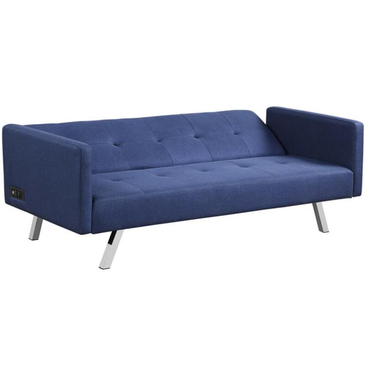 Sofas & Loveseats |  3 Seat Convertible Linen Fabric Futon Sofa with USB and Power Strip Blue Living Room Blue