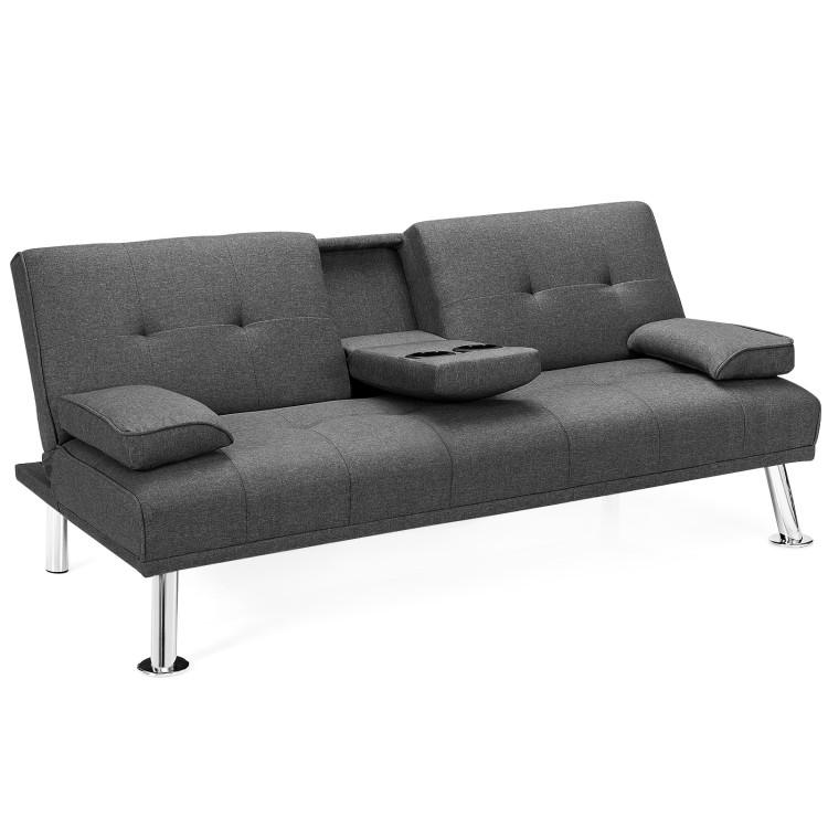 Sofas & Loveseats |  Convertible Folding Futon Sofa Bed Fabric with 2 Cup Holders Dark Gray Living Room Dark Gray