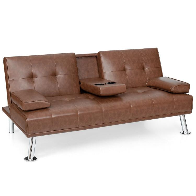 Sofas & Loveseats |  Convertible Folding Leather Futon Sofa with Cup Holders and Armrests Brown Living Room Brown