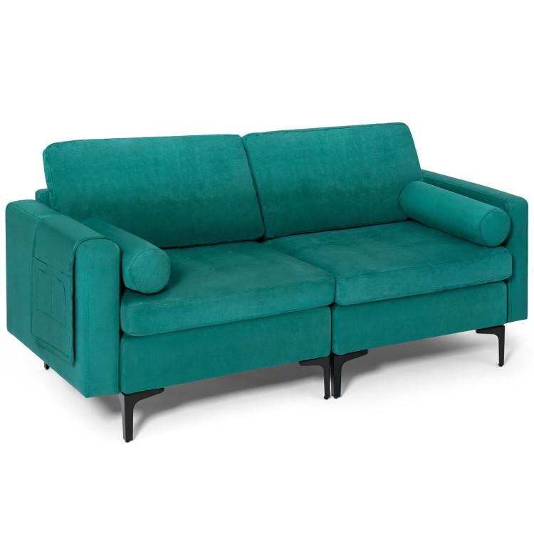 Sofas & Loveseats |  Modern Loveseat Sofa with 2 Bolsters and Side Storage Pocket Teal Living Room Sofas & Loveseats