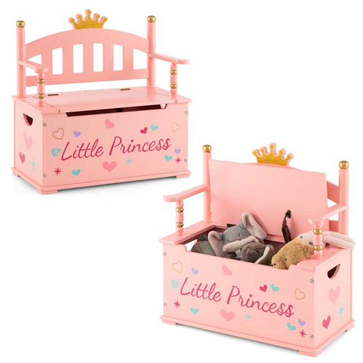 Toddler & Kids Room |  2-In-1 Kids Princess Wooden Toy Box with Safe Hinged Lid Pink Furniture Pink