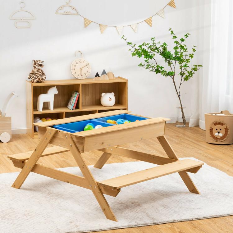 Toddler & Kids Room |  3-in-1 Kids Picnic Table Wooden Outdoor Water Sand Table with Play Boxes Natural Furniture Natural