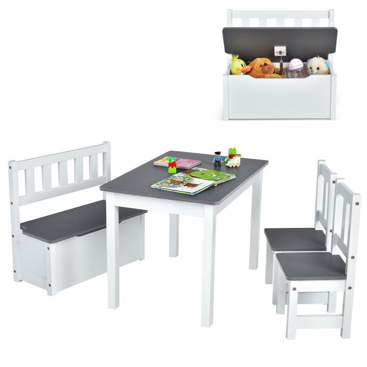 Toddler & Kids Room |  4 Pieces Kids Wooden Activity Table and Chairs Set with Storage Bench and Study Desk Gray Furniture Gray