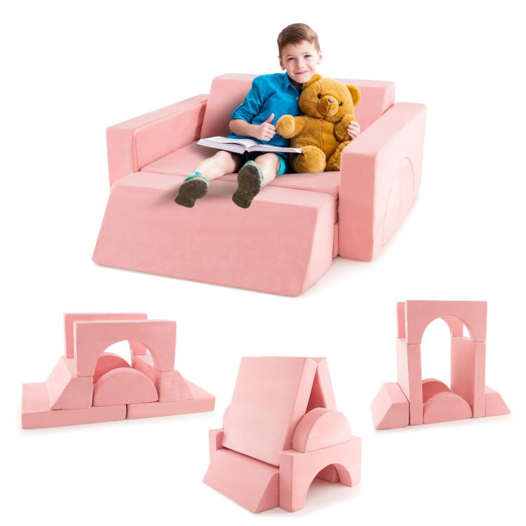 Toddler & Kids Room |  8 Pieces Kids Modular Play Sofa with Detachable Cover for Playroom and Bedroom Pink Furniture Pink