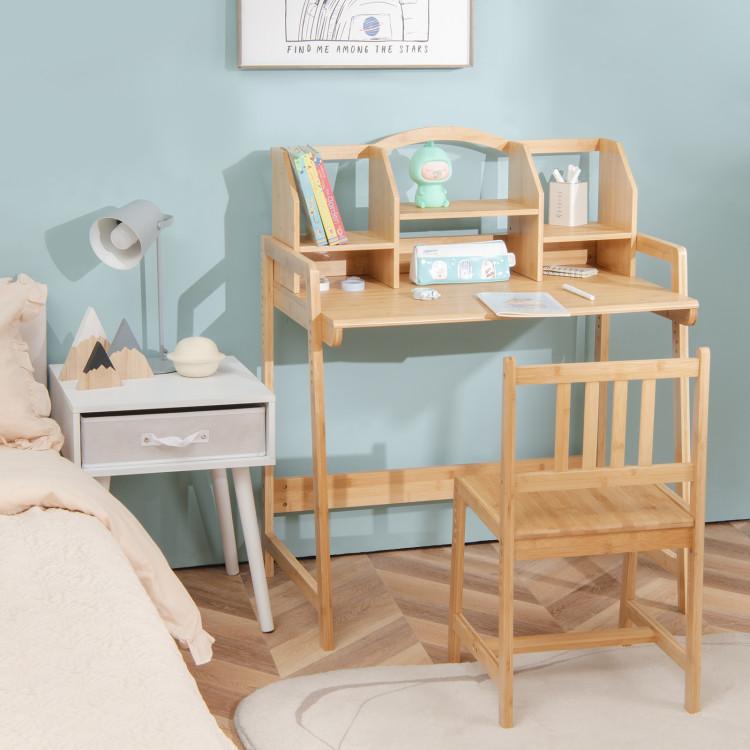 Toddler & Kids Room |  Bamboo Kids Study Desk and Chair Set with Bookshelf Natural Furniture Natural