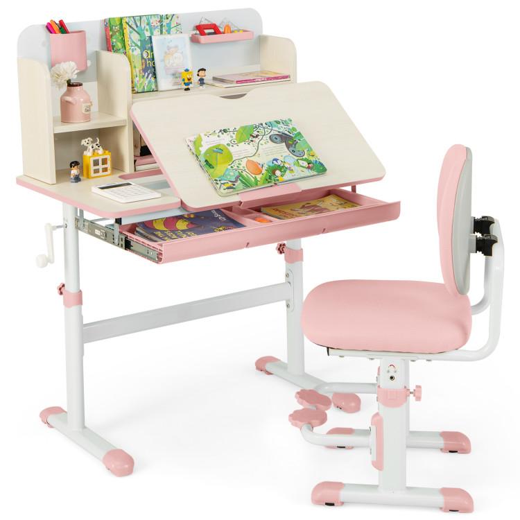 Toddler & Kids Room |  Height Adjustable Children School Home Study Table and Chair Set with Tilted Desktop for 3-12 Years Old Pink Furniture Pink