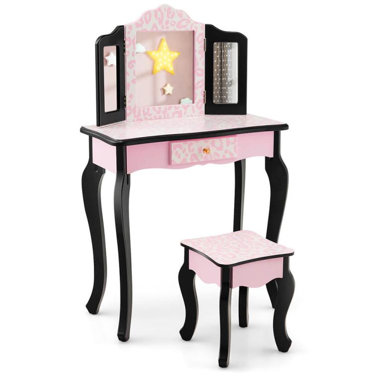 Toddler & Kids Room |  Kid Vanity Set with Tri-Folding Mirror and Leopard Print Pink Furniture Pink