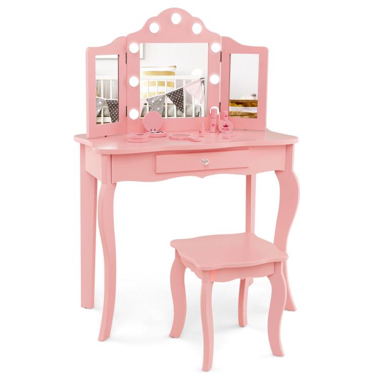 Toddler & Kids Room |  Kid Vanity Table Stool Set with Tri-Folding Mirror and 3-Color LED Lights Pink Furniture Pink