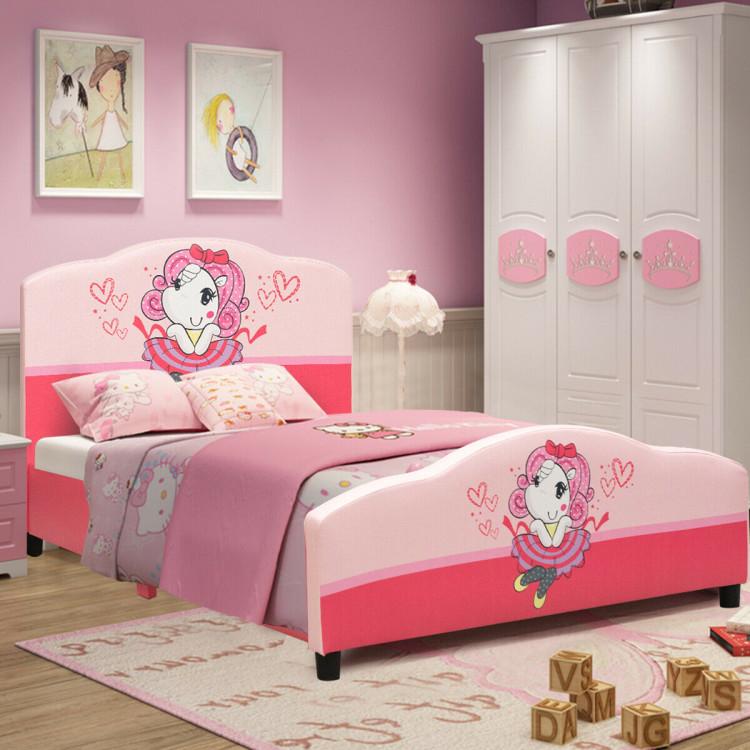 Toddler & Kids Room |  Kids Children Upholstered Platform Toddler Girl Pattern Bed Pink Furniture Pink