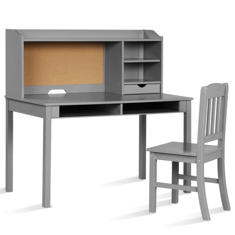 Toddler & Kids Room |  Kids Desk and Chair Set Study Writing Desk with Hutch and Bookshelves Gray Furniture Gray