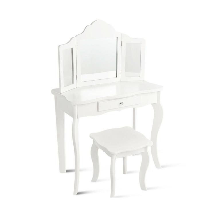 Toddler & Kids Room |  Kids Dressing Vanity Set with Tri-Folding Mirror and Stool White Furniture Toddler & Kids Room