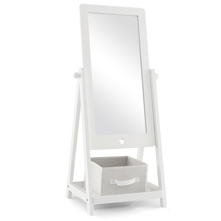 Toddler & Kids Room |  Kids Full Length Wooden Standing Mirror with Bottom Shelf and Foldable Storage Bin White Furniture Toddler & Kids Room