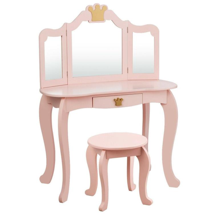 Toddler & Kids Room |  Kids Makeup Dressing Table with Tri-folding Mirror and Stool Pink Furniture Pink