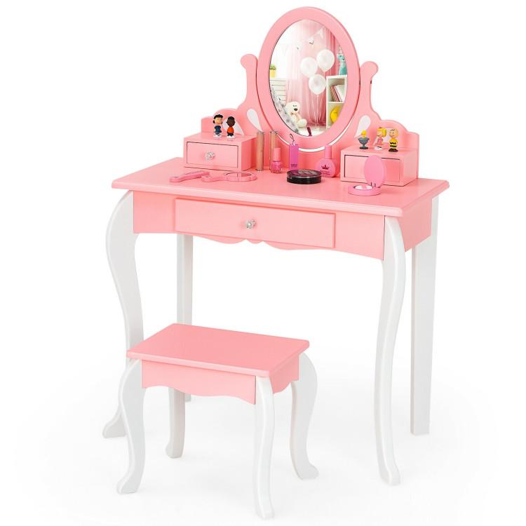 Toddler & Kids Room |  Kids Princess Makeup Dressing Vanity Set with Mirror and Drawer Pink Furniture Pink