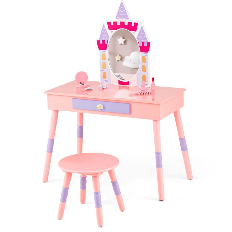 Toddler & Kids Room |  Kids Princess Vanity Table and Stool Set with Drawer and Mirror Pink Furniture Pink