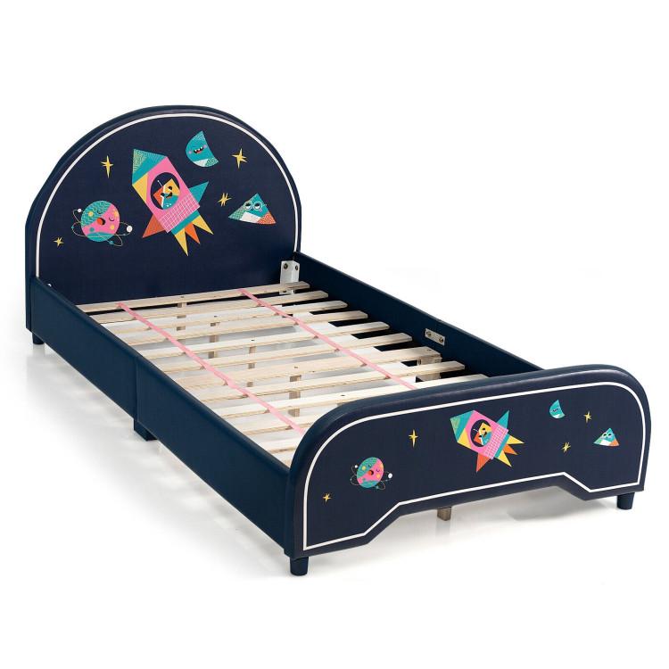 Toddler & Kids Room |  Kids Twin Size Upholstered Platform Bed with Rocket Pattern Blue Furniture Blue