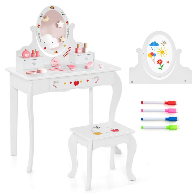 Toddler & Kids Room |  Kids Vanity and Stool Set with 360° Rotatable Mirror and Whiteboard White Furniture Toddler & Kids Room