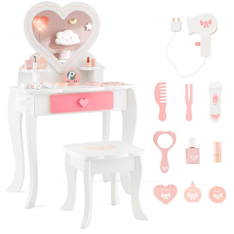 Toddler & Kids Room |  Kids Vanity Set with Heart-shaped Mirror White Furniture Toddler & Kids Room