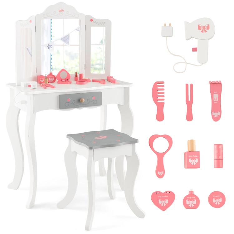 Toddler & Kids Room |  Kids Vanity Set with Tri-folding Mirror White Furniture Toddler & Kids Room