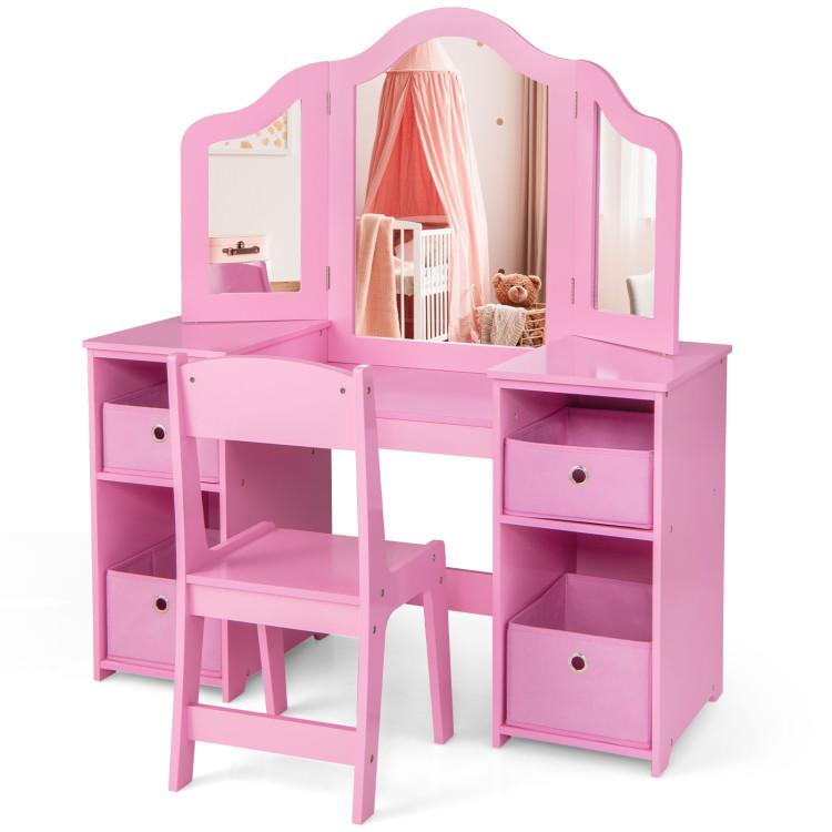 Toddler & Kids Room |  Kids Vanity Table and Chair Set with Removable Mirrors and 4 Storage Bins Pink Furniture Pink