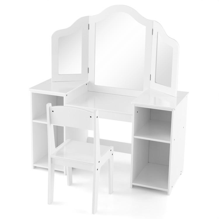 Toddler & Kids Room |  Kids Vanity Table and Chair Set with Removable Tri-Folding Mirror White Furniture Toddler & Kids Room