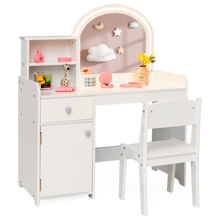 Toddler & Kids Room |  Kids Vanity Table and Chair Set with Shelves Drawer and Cabinet White Furniture Toddler & Kids Room