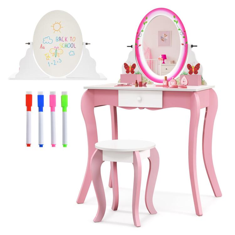 Toddler & Kids Room |  Kids Vanity Table and Stool Set with 360° Rotating Mirror and Whiteboard Pink Furniture Pink