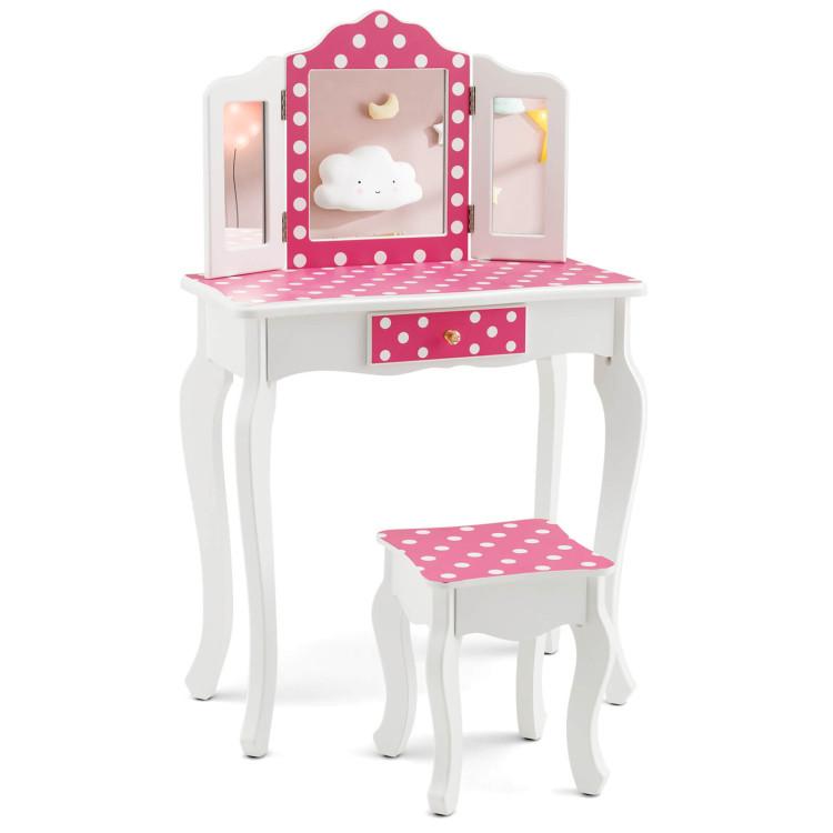 Toddler & Kids Room |  Kids Vanity Table and Stool Set with Cute Polka Dot Print Pink Furniture Pink