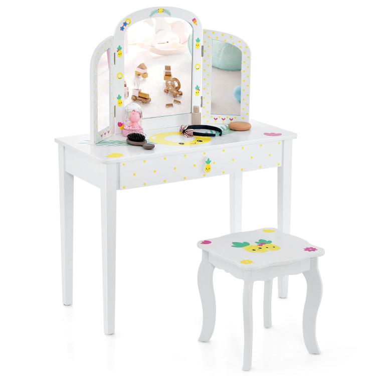 Toddler & Kids Room |  Kids Vanity Table Set with Tri-Folding Mirror and Large Drawer White Furniture Toddler & Kids Room