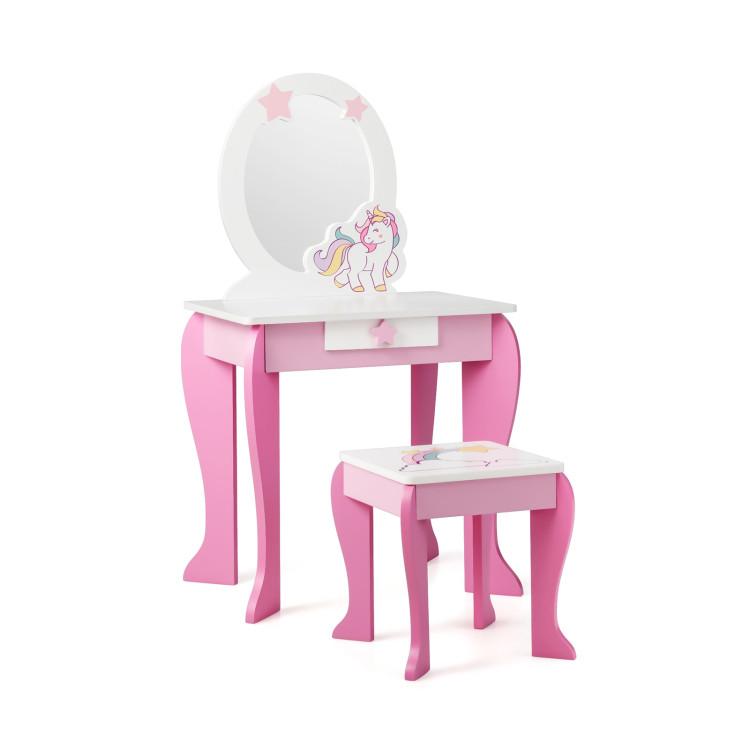 Toddler & Kids Room |  Kids Wooden Makeup Dressing Table and Chair Set with Mirror and Drawer Pink Furniture Pink