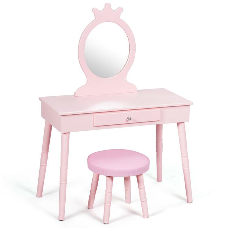 Toddler & Kids Room |  Kids Wooden Princess Makeup Table with Cushioned Stool Pink Furniture Pink