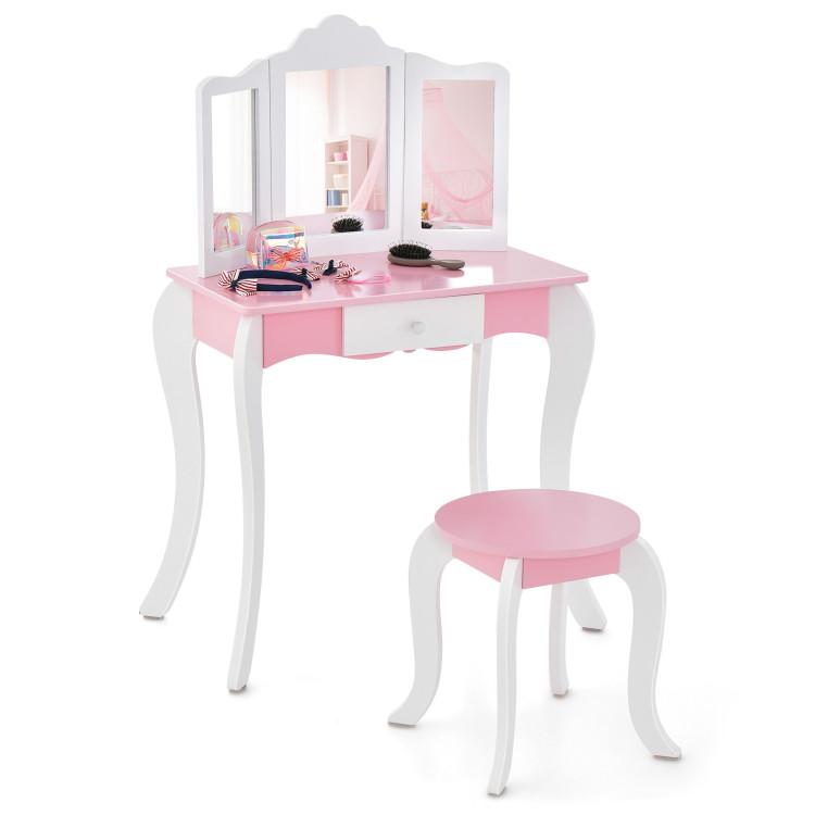 Toddler & Kids Room |  Kid’s Wooden Vanity Table and Stool Set  with 3-Panel Acrylic Mirror White Furniture Toddler & Kids Room