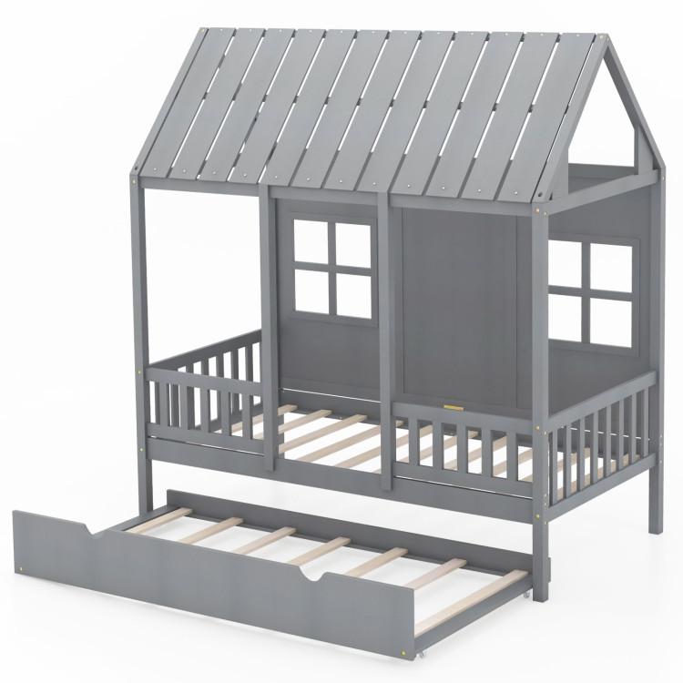 Toddler & Kids Room |  Twin Size Bed Frame House Bed with Trundle and 82 Inch Tall Roof Gray Furniture Gray