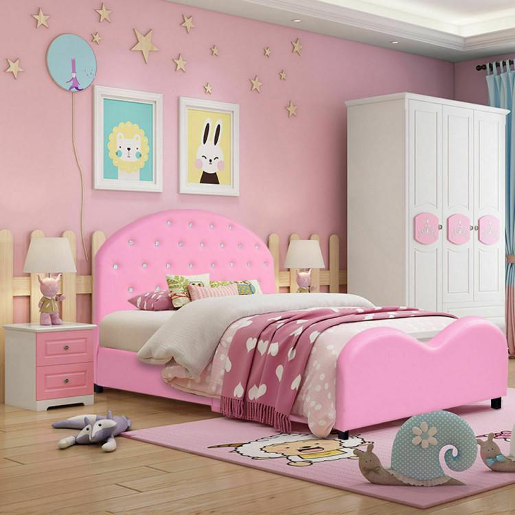 Toddler & Kids Room |  Twin Size Upholstered Platform Toddler Bed with Wood Slat Support Pink Furniture Pink