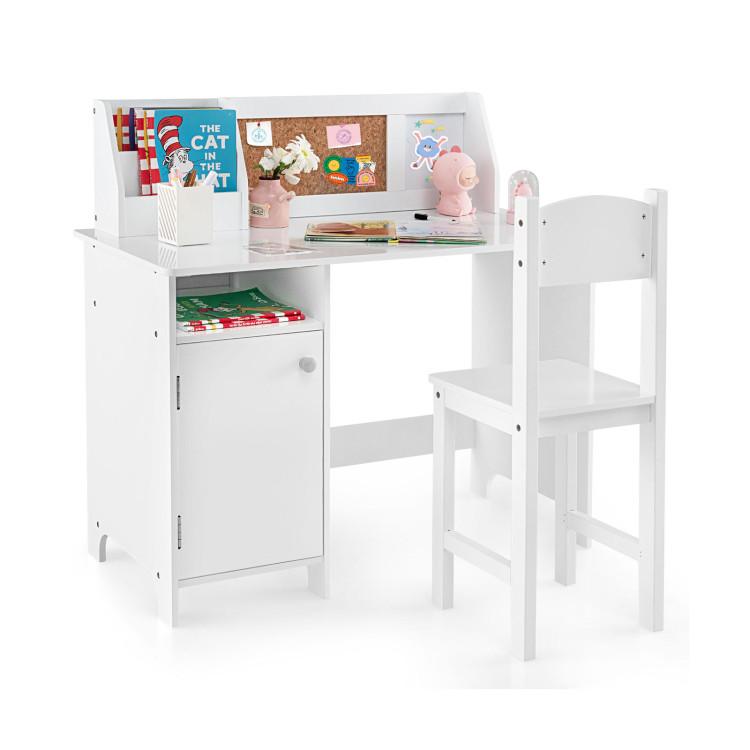 Toddler & Kids Room |  Wooden Kids Study Desk and Chair Set with Storage Cabinet and Bulletin Board White Furniture Toddler & Kids Room