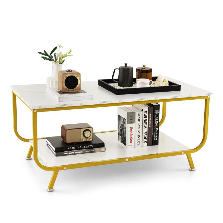 Coffee Tables |  2-Tier Faux Marble Top Rectangular Coffee Table with Metal Frame White Coffee Tables Coffee Tables