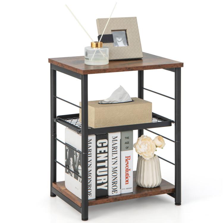 End & Side Tables |  3-Tier Industrial Side Table with Adjustable Mesh Shelf Rustic Brown End & Side Tables End & Side Tables