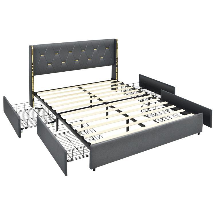 Beds & Bed Frames |  Full/Queen Size Upholstered Bed Frame with 4 Storage Drawers Dark Grey Bedroom Beds & Bed Frames