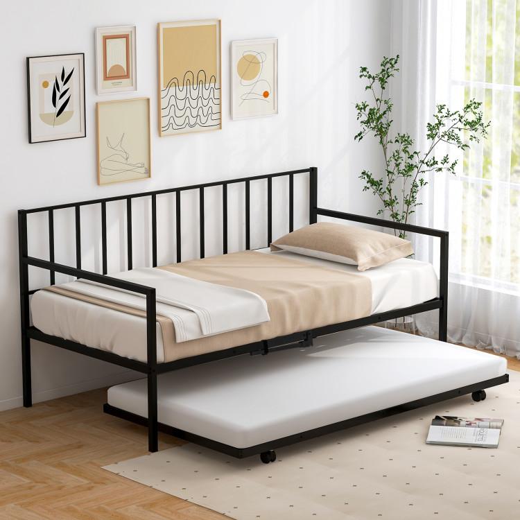 Beds & Bed Frames |  Twin Daybed Set with Metal Slat Support and Roll-Out Trundle Black Bedroom Beds & Bed Frames