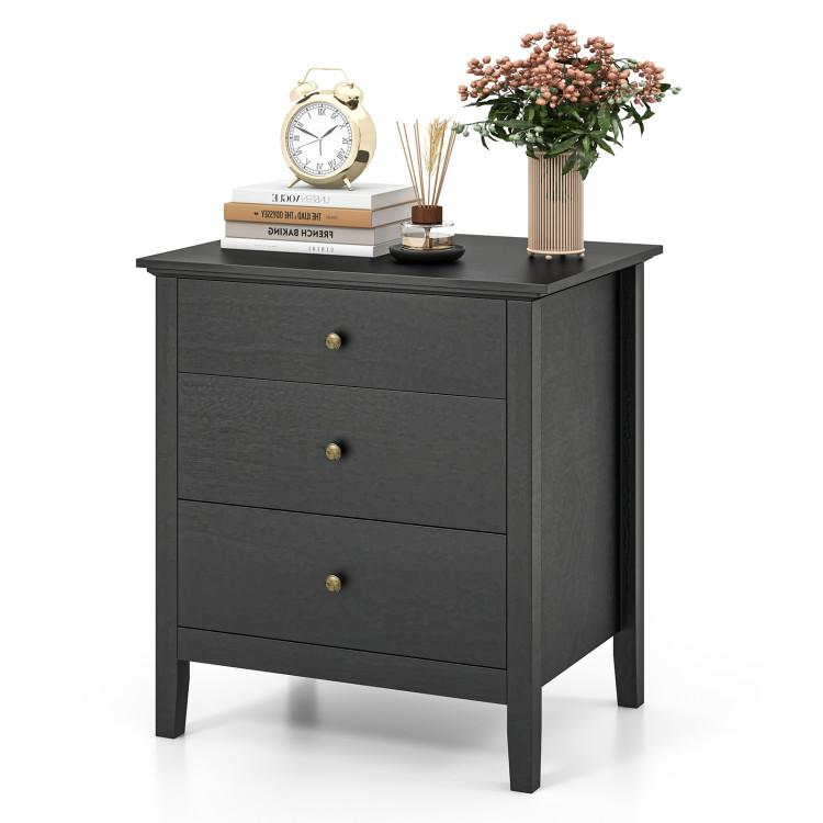 Nightstands |  Nightstand Beside End Side Table Organizer with 3 Drawers Black Bedroom Black