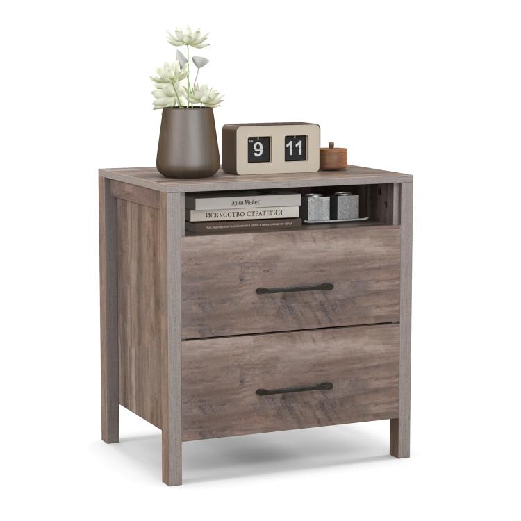 Nightstands |  Nightstand with 2 Drawers Farmhouse Bed Side Table with Open Storage Shelf Gray Bedroom Gray