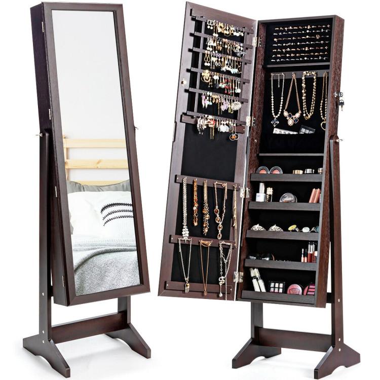 Jewelry Armoires |  Jewelry Cabinet Stand Mirror Armoire with Large Storage Box Brown Bedroom Brown