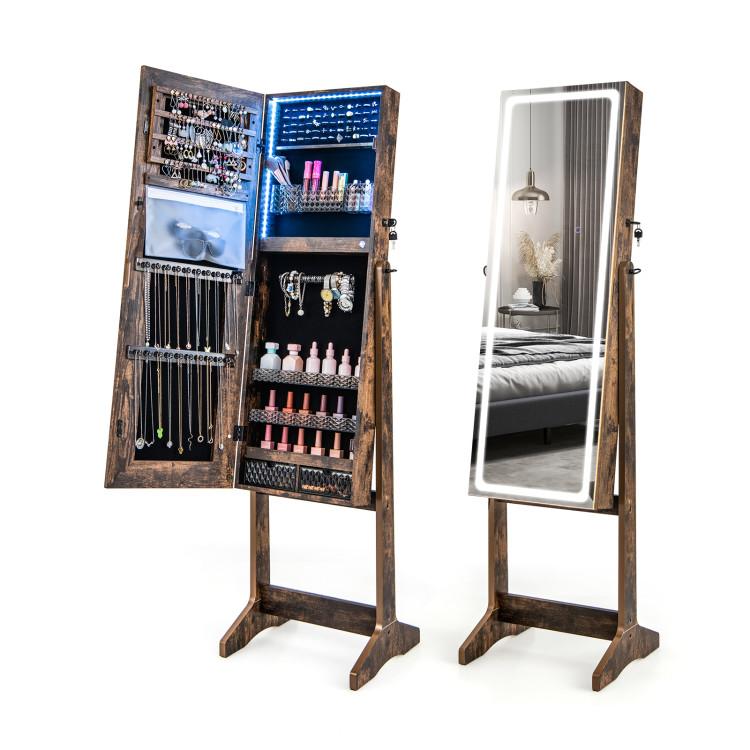 Jewelry Armoires |  Lockable Jewelry Armoire Standing Cabinet with Lighted Full-Length Mirror Rustic Brown Bedroom Jewelry Armoires