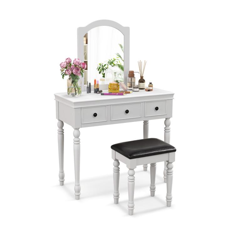 Makeup Vanities |  Makeup Vanity Table and Stool Set with Detachable Mirror and 3 Drawers Storage White Bedroom Makeup Vanities