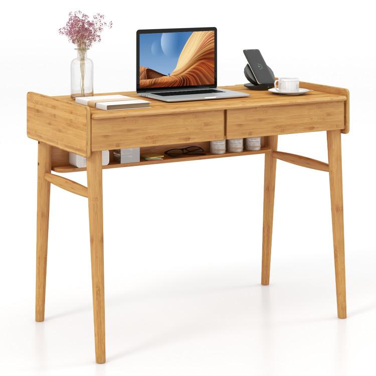 Office Desks |  Bamboo Writing Desk with 2 Storage Drawers and Open Shelf Natural Home Office Natural