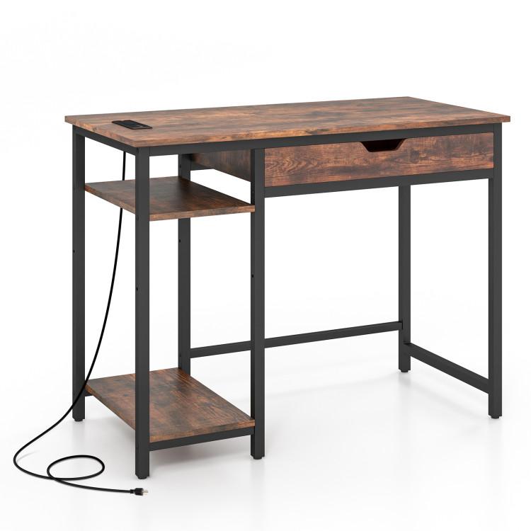 Office Desks |  Computer Desk with Charging Station and Drawer & Adjustable Shelf Rustic Brown Home Office Office Desks