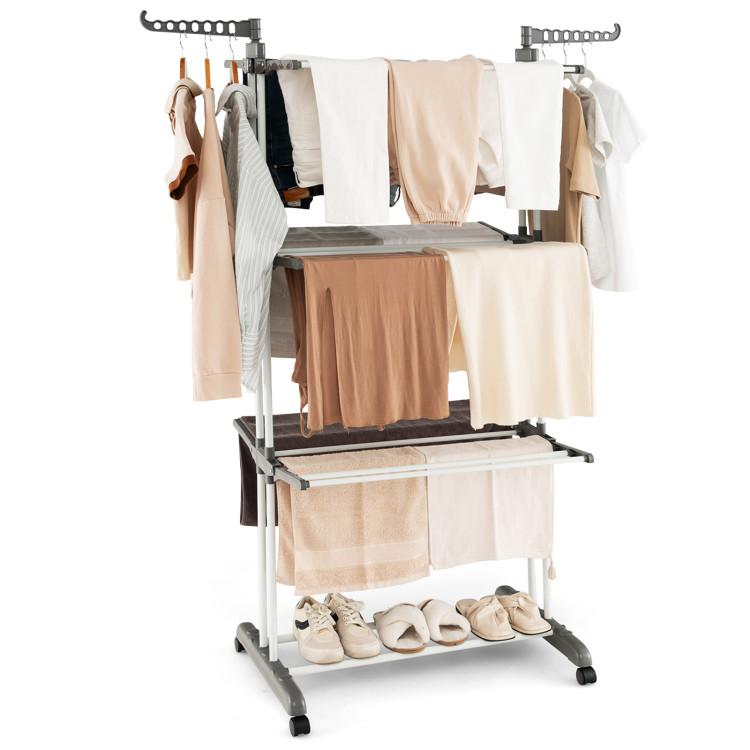 Bathroom |  4-tier Clothes Drying Rack with Rotatable Side Wings and Collapsible Shelves Gray Bathroom Bathroom