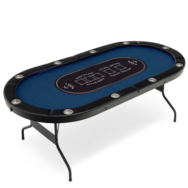 Game Room |  Foldable 10-Player Poker Table with LED Lights and USB Ports Ideal for Texas Casino Blue Furniture Blue