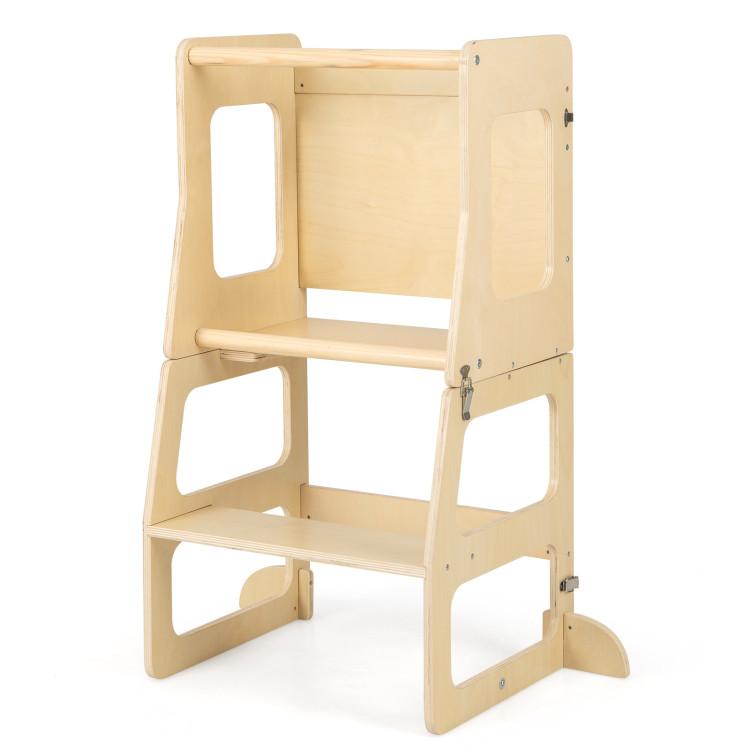 Toddler & Kids Room |  3-in-1 Foldable Kitchen Standing Tower for Toddlers with Chalkboard Natural Furniture Natural